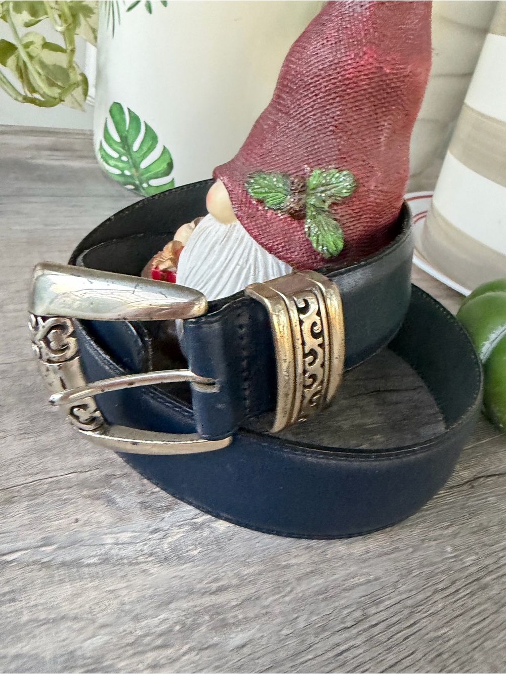 Brighton Navy Leather Belt with Ornate Brass-Tone Buckle